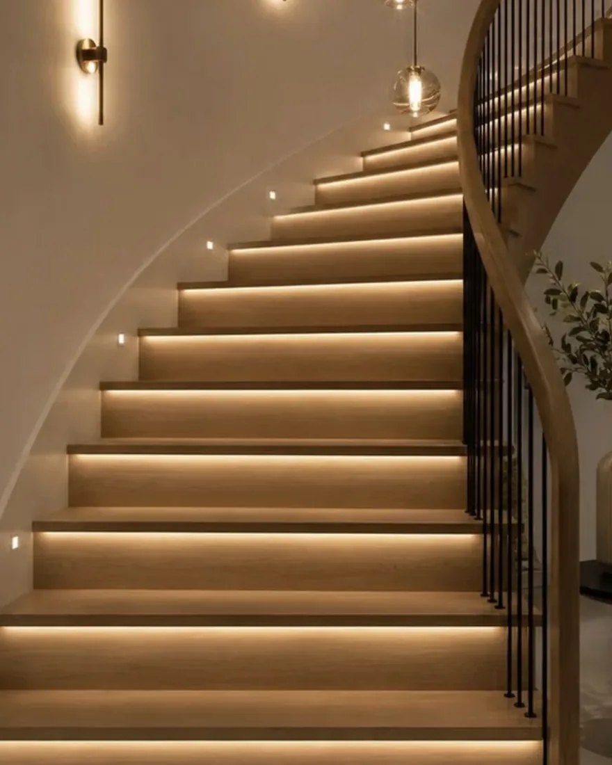 Stair lighting with illuminated treads and wall sconce